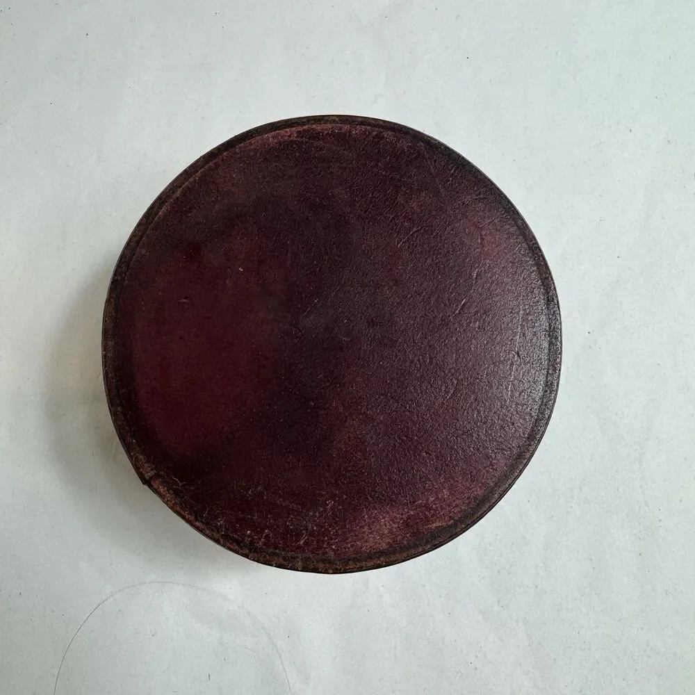 Vintage Leather Lidded Round Box Fur Lined 5 Inch Rare Trinket Jewelry Box